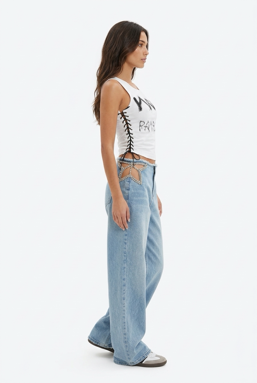 Crystal Cutout Wide-Leg Jeans
